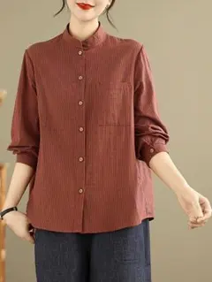 大人気 ブラウス レトロ 長袖 カジュアル スタンドカラー ストライプ 2色