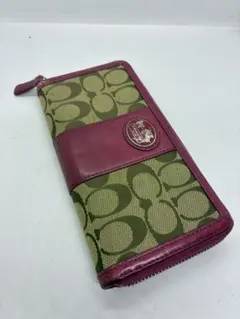 Coach 長財布 ベージュ/ピンク　シグネチャー　ラウンドファスナー