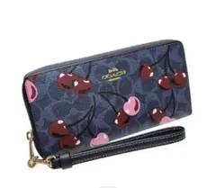 COACHコーチシグネチャーチェリー柄デニムブルー長財布