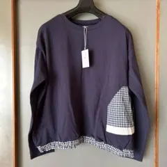 ネイビー 長袖Tシャツ チェック柄ポケット付きのサムネイル
