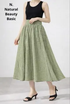 N. Natural Beauty Basic チェックフレアスカート S 緑のサムネイル