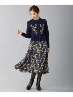 組曲　クミキョク フラワーサテンピーチ プリントスカート ネイビー系　6