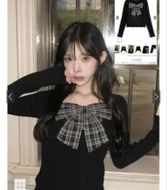 ʜ*止様 GRL チェック柄リボンドッキングリブニットトップス［gn548］