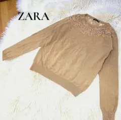 ZARA レース切替 ニットトップス ベージュ 長袖 きれいめ