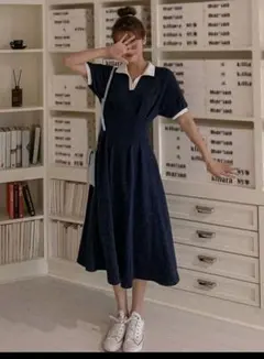 ネイビー ポロシャツスタイル ひざ丈ワンピース 半袖