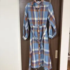ブルー　チェック　長袖　ワンピース