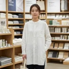 無印良品 綿100% スタンドカラー長袖チュニックシャツ 白 S-M ゆったりのサムネイル