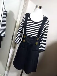 長袖ストライプ一体型サロペットミニワンピース