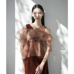 LEJA】異素材シアー刺繍レース透け感プリーツスリーブIラインペンシル