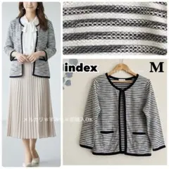 index ツイード調 ノーカラー カーディガン7分袖 白黒 きれいめ トップス