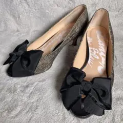 美品‼️LANVIN en Bleu ブラック　リボン付きオープントゥパンプス