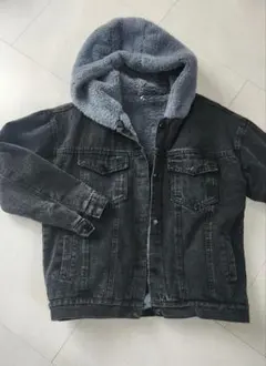 ダークグレー デニムジャケット ボアフード付きM