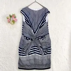 【INED】 タイトワンピース 9号 リボン マルチボーダー フレンチスリーブ