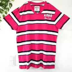 【Y2K】エアロポステール ボーダー Vネック Tシャツ 古着 ピンク 紺 Lのサムネイル