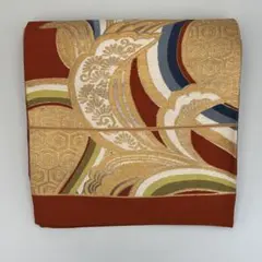 袋帯 六通柄 茶系 金 花 亀甲模様