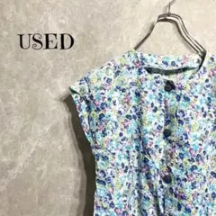 a0202【USED】花柄 ノースリーブワンピース F ブルー系 レディース