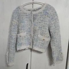 ノーカラージャケット　ツイード　 青と白のミックス