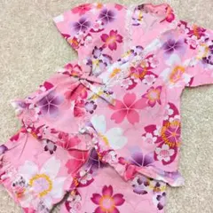 【美品】子供　甚平 110cm ピンク 花柄 女の子 パフスリーブ レース付き