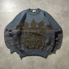 ヴィンテージ ブルー 幾何学 模様 レトロ アートパターン ニット セーター