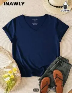 INAWLY プラスサイズ Vネック Tシャツ ネイビーブルー