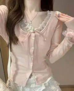 SHEIN リボン付きピンクカーディガン