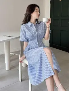 Shein DAZY ストライプ　ウエストバンド　シャツドレス　ミドル丈
