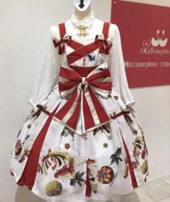 morphose 和柄ジャンパースカート 赤、白　花鳥風月乙女のはごろも Metamorphose 和柄ジャンパースカート 赤、白 花鳥風月乙女のはごろも