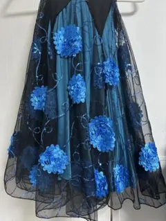 花刺繍フレアスカート 青