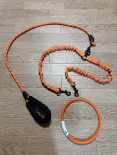 犬用リード 伸縮性ショック吸収ダブルリード 光る首輪set
