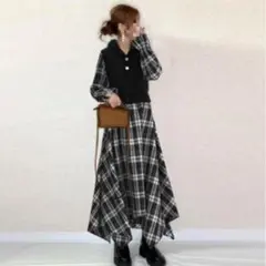 L チェックシャツ ニットベスト ドッキング ワンピース 長袖