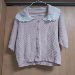 ピンク 襟付きニットカーディガン 半袖