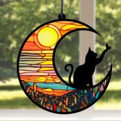 サンキャッチャー 壁掛け飾り ステンドグラス 黒猫 月 インテリア 看板 4
