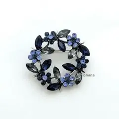 新品【F2】ブルー系リースブローチ　北欧風　植物　花　アンティーク調