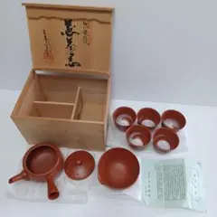 白雲陶園 朱萬古焼 急須 湯呑5客 茶器セット 木箱入り 　60M552