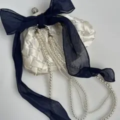 リボン付き三連パ−ル装飾ロング ネックレス♡