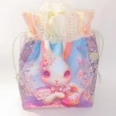 ◆ ハンドメイド 巾着 トート バッグ うさぎ 花 レース 紫 ポーチ