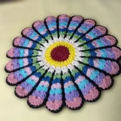 ハンドメイド 円形 ニットマット フラワーモチーフ