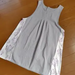 ノースリーブエプロン グレーと白紫ピンクのあじさい花柄