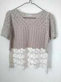 ベージュ レース編み 半袖ニットトップス