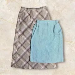 値下げ スカート 2枚組 ロング ひざ丈 チェック グリーン カジュアル
