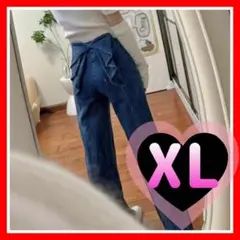 リボンデザインバックスタイルデニムパンツストレートLLワイドインディゴブルー新品