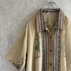 レトロ 総柄シャツ オープンカラー ポリシャツ デザイン古着 壁画 エジプト