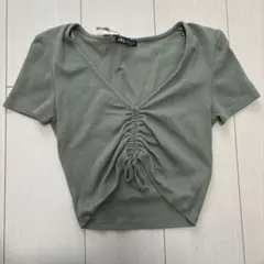 ZARA フロントギャザー 半袖Tシャツ オリーブグリーン