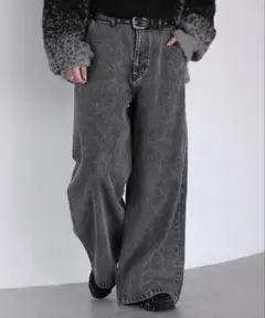 グレー ワイドレッグデニムパンツ ベルト付き