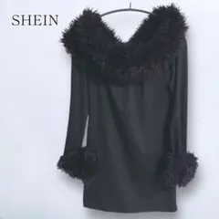 【シーイン】ファー付きカットソーミニワンピース 長袖 タイト チュニック L 黒