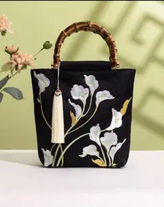 竹ハンドル 花柄刺繍 ハンドバッグ 和装バッグ 上品 トートバッグ着物 おしゃれ