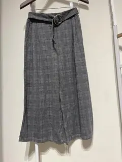 グレー系チェック ウエストベルト付きロングパンツ