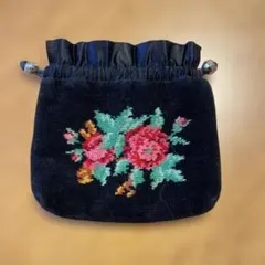 FEILER花柄刺繍ベルベットポーチ 黒