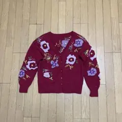 花柄刺繍 赤 カーディガン 長袖　ウール100%