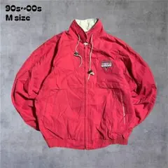 90s~00s企業ロゴ刺繍ナイロンジャケットスタンドカラー赤短丈ゆるだぼMサイズ